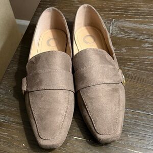 Tan Faux Suede Loafers with Gold Accent by TruComfort Foam